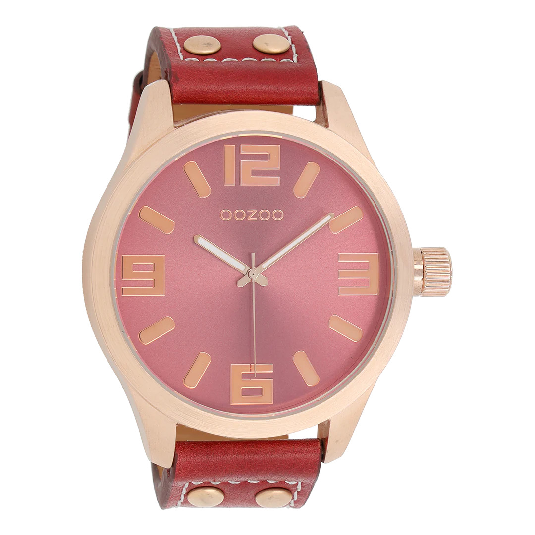 Oozoo Basic XXL Herrenuhr C1105 Rosé Lederband Korallrot 50 mm