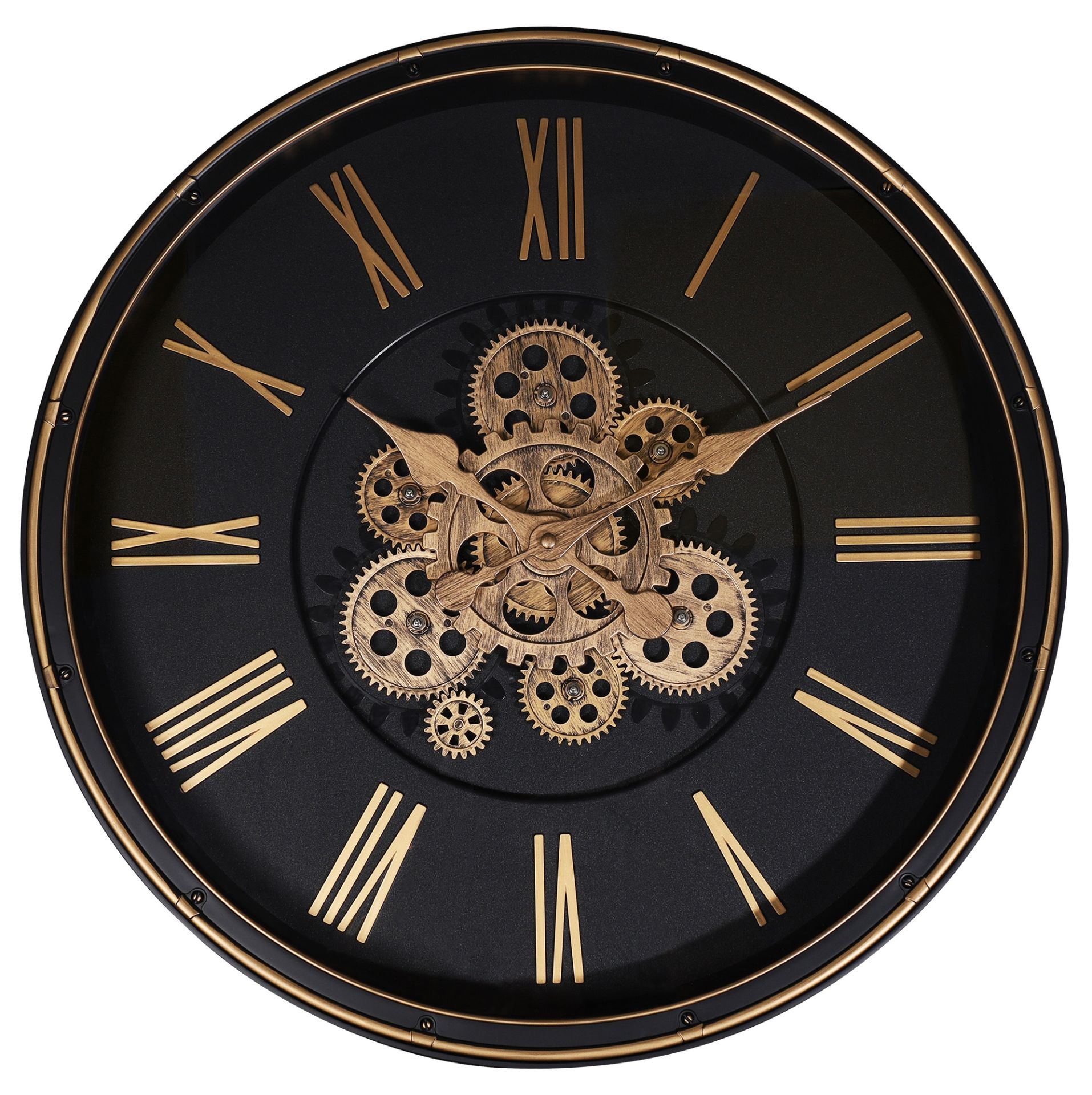 Hermann Jäckle Skelett Wanduhr 3099B – Industrial Vintage Schwarz Roségold mit beweglichem Räderwerk 50,5 cm