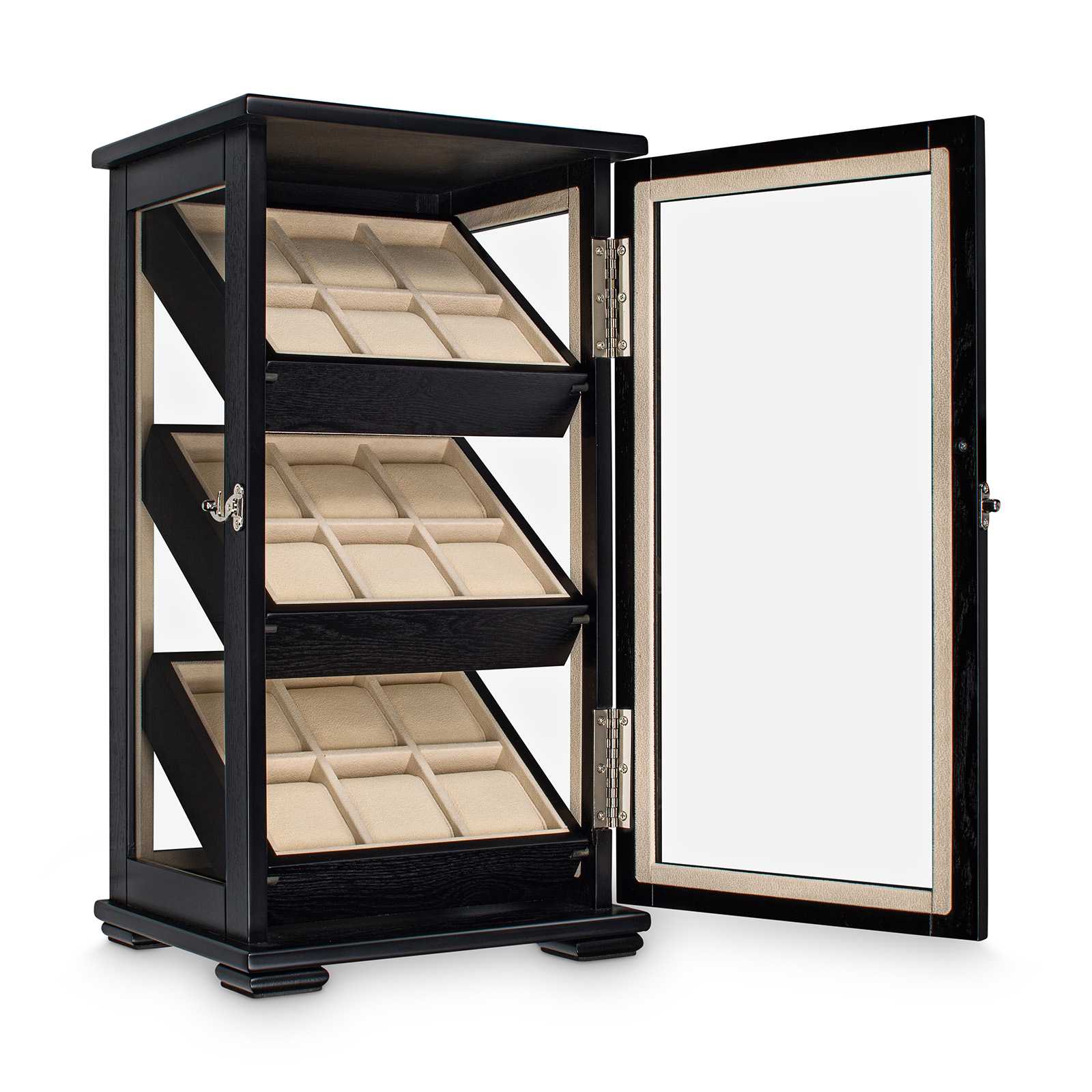 MUHR_0084_b Hermann Jäckle Kulmbach Uhrenvitrine für 18 Uhren Eichedekor schwarz offen