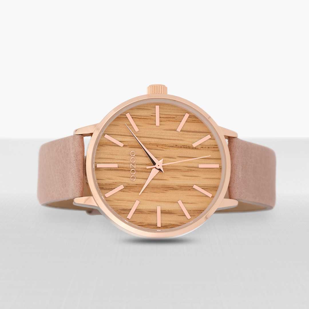 Oozoo Damenuhr C9251 Holzzifferblatt Ahorn rose pinkgrau Lederband 42 mm liegend