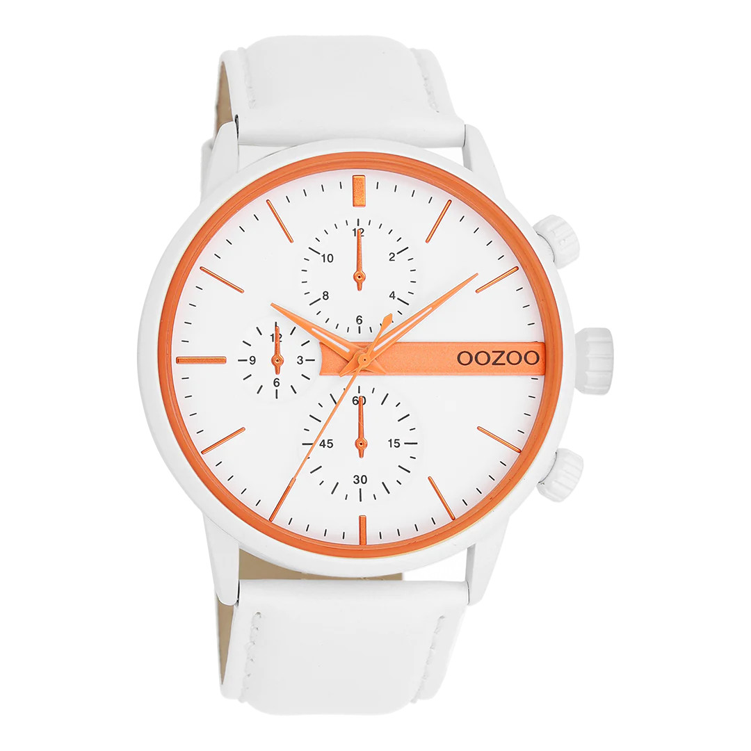 Oozoo Herrenuhr C11314 Weiss-Orange Lederband 45 mm