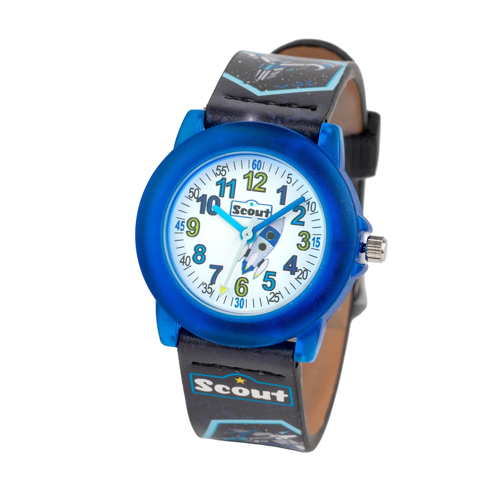 Scout Kinderuhr Crystal 164000011 Weltall – Lernuhr mit Raketenmotiv 32 mm, 5 Bar wasserdicht