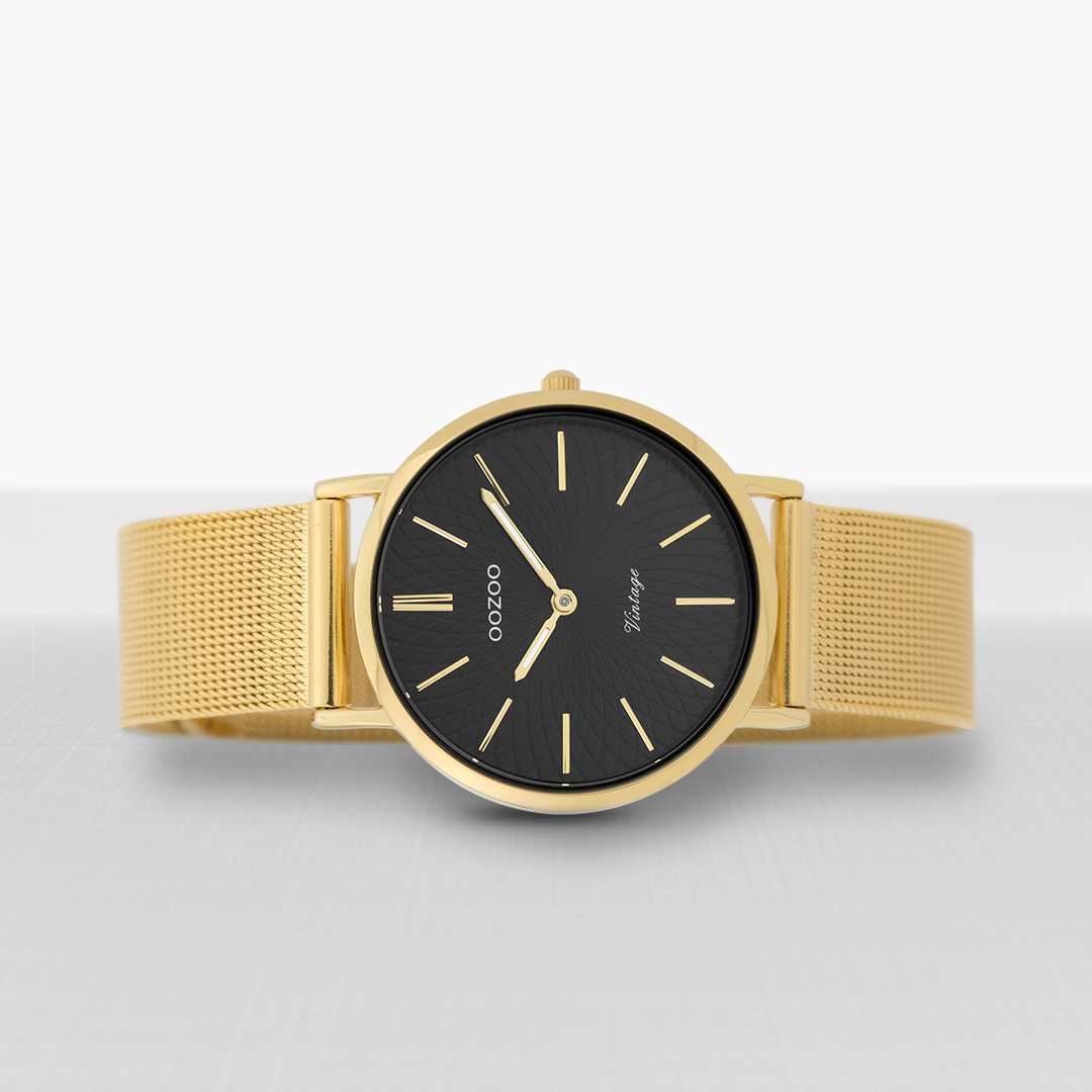 Oozoo Vintage Damenuhr C9349 - goldfarben/schwarz - Meshband - 32 mm - liegend