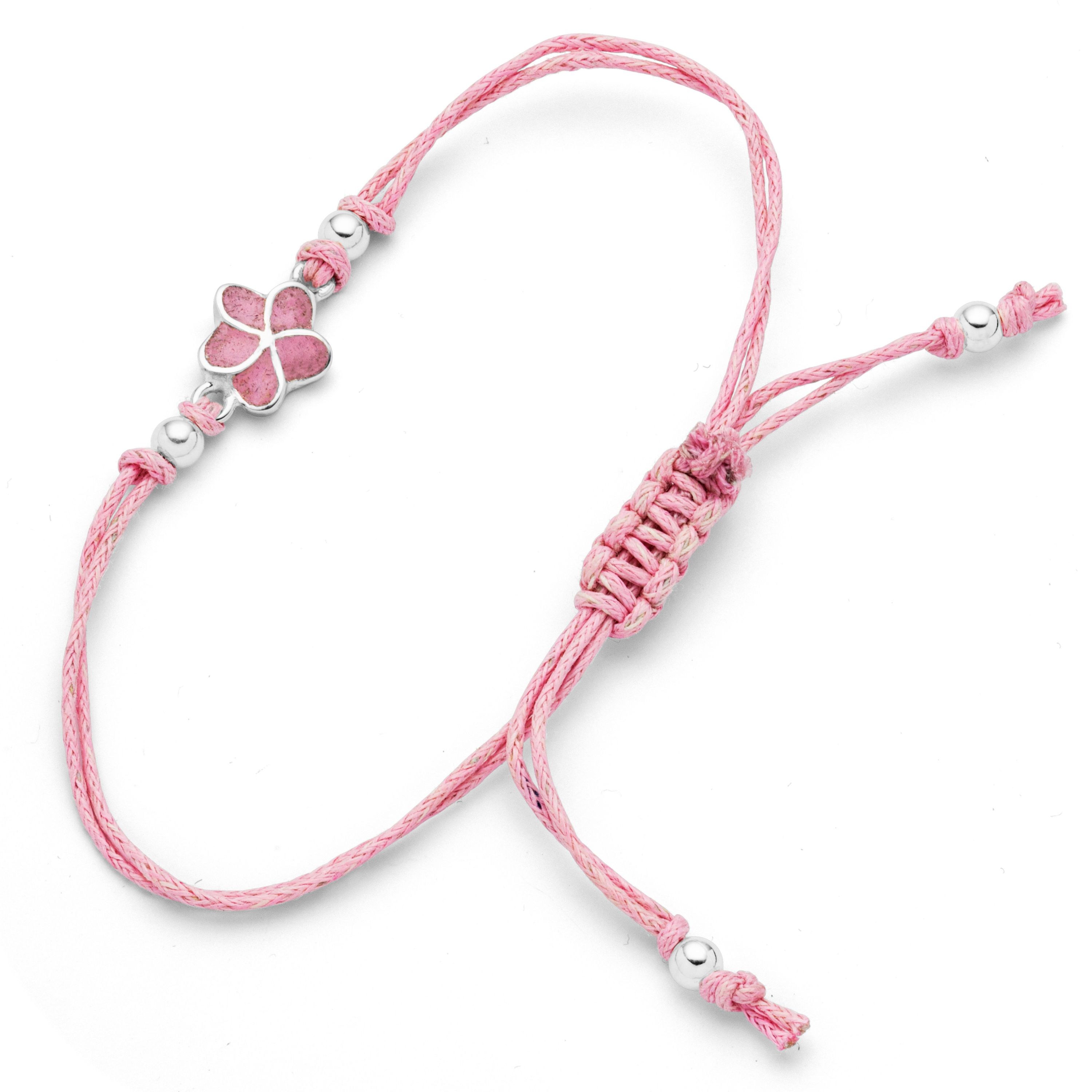 DUR Armband A1989 Plumeria Blüte – 925 Silber mit rosa Steinsand, Baumwollband rosa