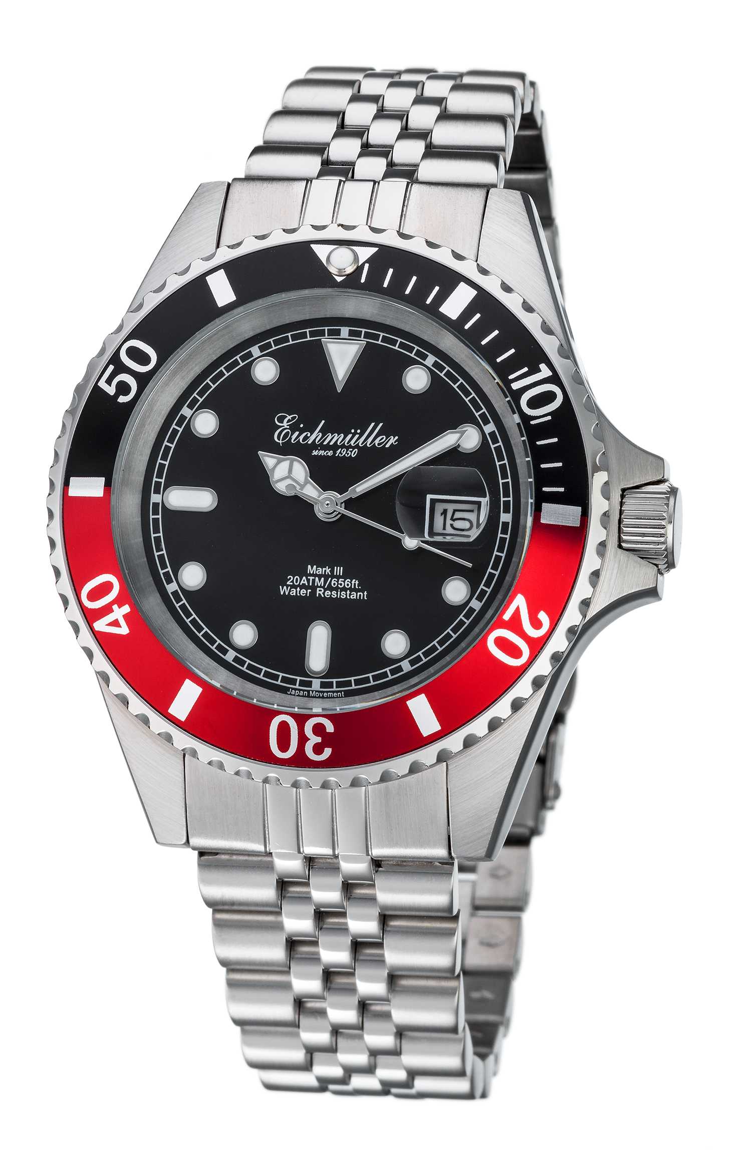 Eichmüller Taucheruhr 3464-02 Edelstahl-schwarz-rot 20 ATM Edelstahlband 43 mm