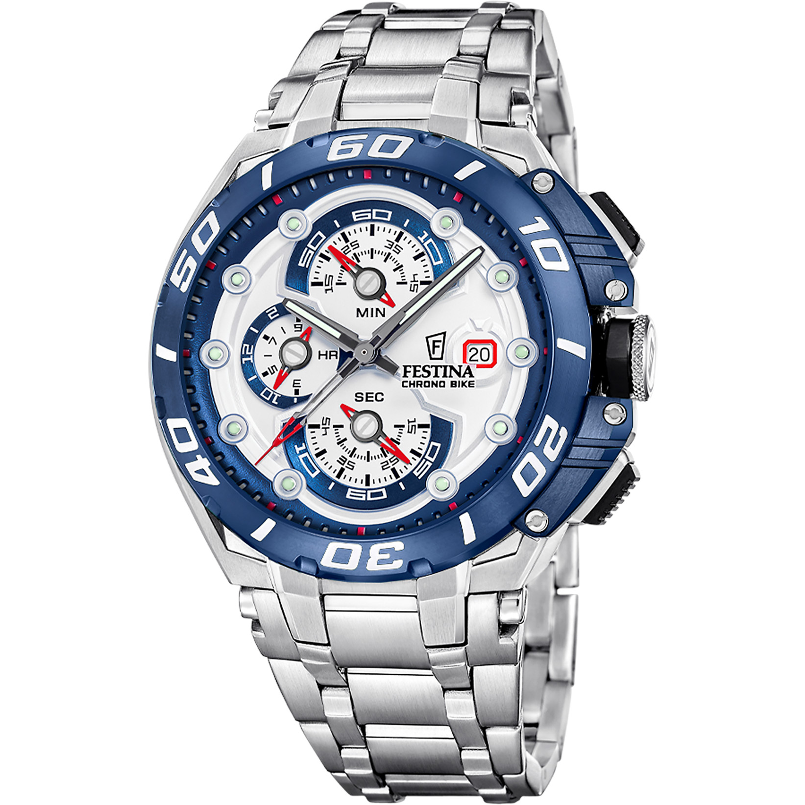 Festina Chrono Bike F20754-1 – Chronograph Blau Weiß 46 mm Edelstahlband 20 ATM