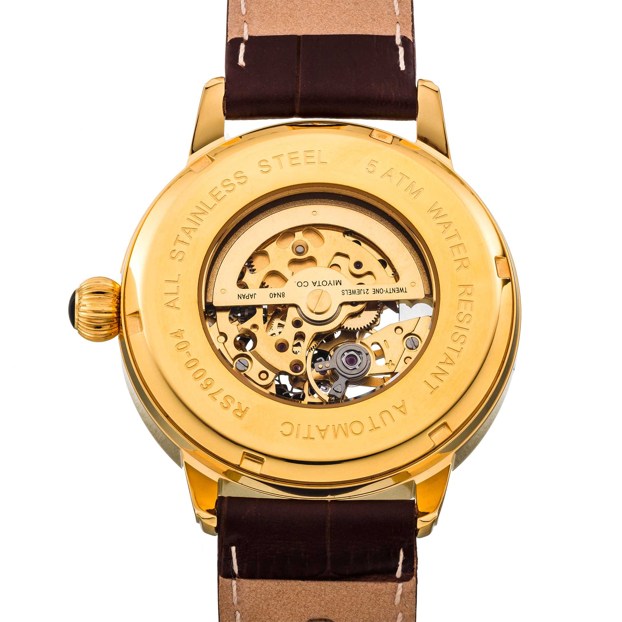 Riedenschild RS7600-04 Skelettuhr Automatikuhr Miyota 8N40 Lederband vergoldet 42 mm Rückseite