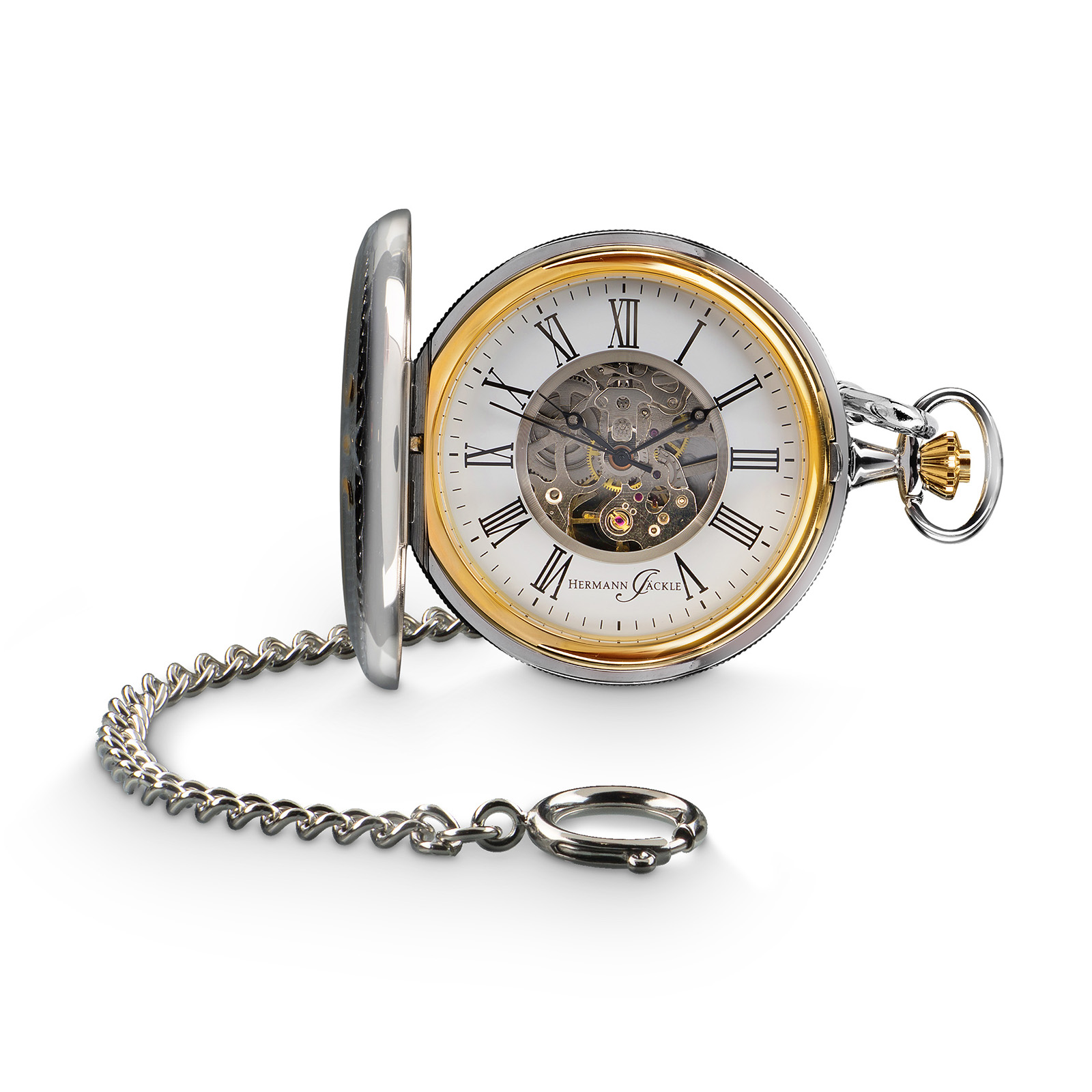 Hermann Jäckle Augsburg II Skelett-Taschenuhr Handaufzug Mineralglas Kette & Reiseetui 50 mm