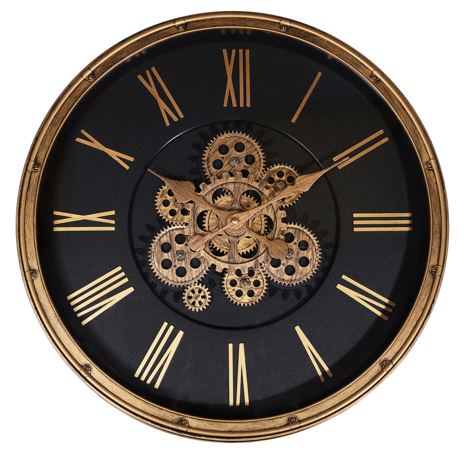 Hermann Jäckle Skelett Wanduhr 3099A – Industrial Vintage Schwarz Roségold mit beweglichem Räderwerk 50,5 cm