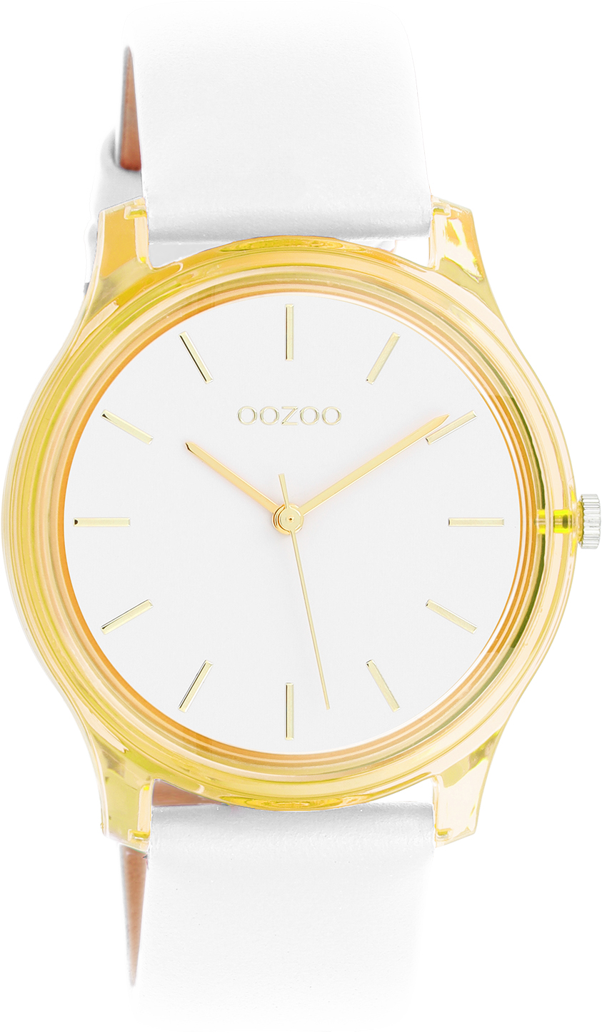 Oozoo Damenuhr C11136 Acryl-Gelb Lederband Weiss 36 mm